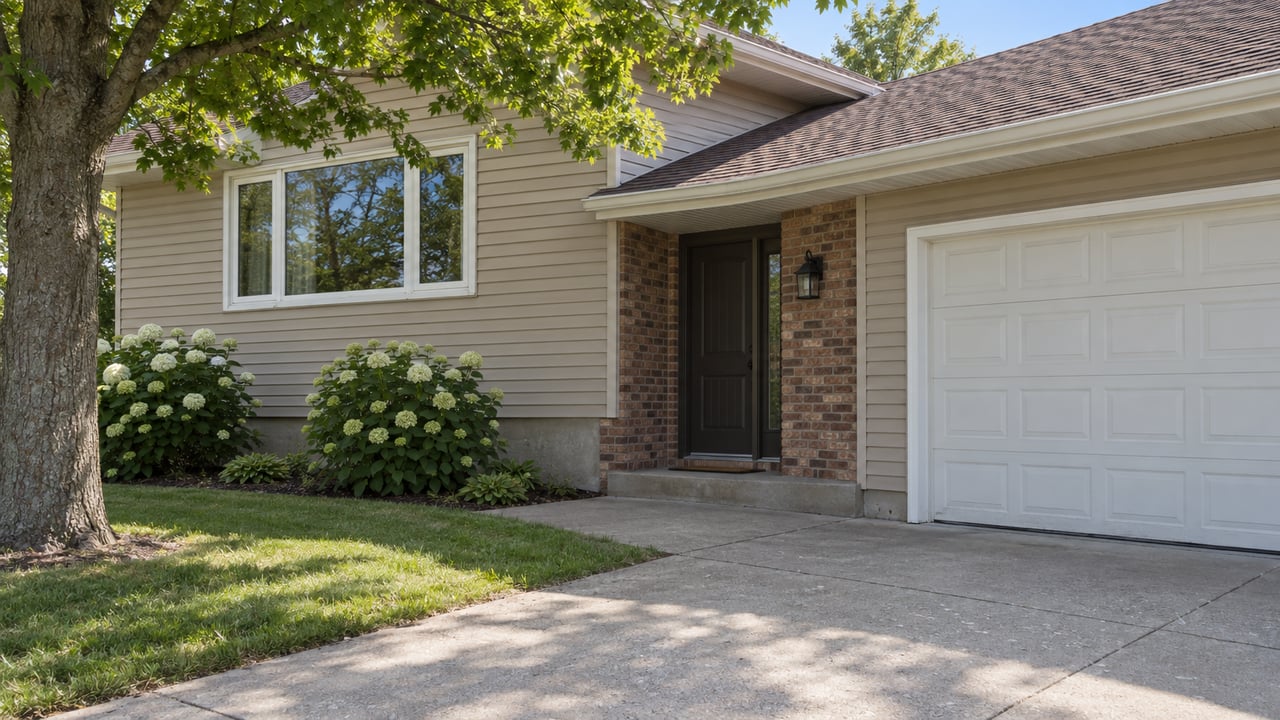 Tan split-level home with a recessed brick entry, white garage door, and maple branches reflected in the window.