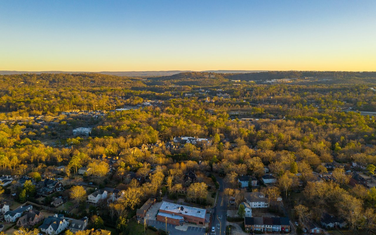 Aerial view of a tree-filled residential neighborhood with scattered homes beneath a clear sky.