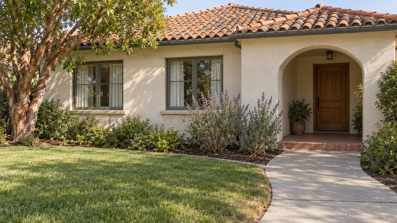Cream stucco home with a red clay tile roof, arched entry, curved garden walk and mature strawberry tree.