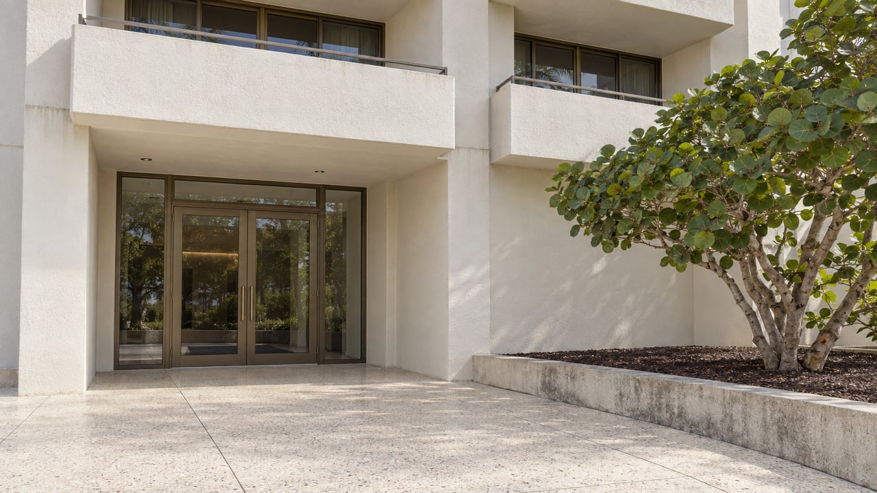 Ivory condominium entrance beneath two concrete balconies, with bronze-framed glass doors, terrazzo paving, and a sea-grape tree in a raised bed.