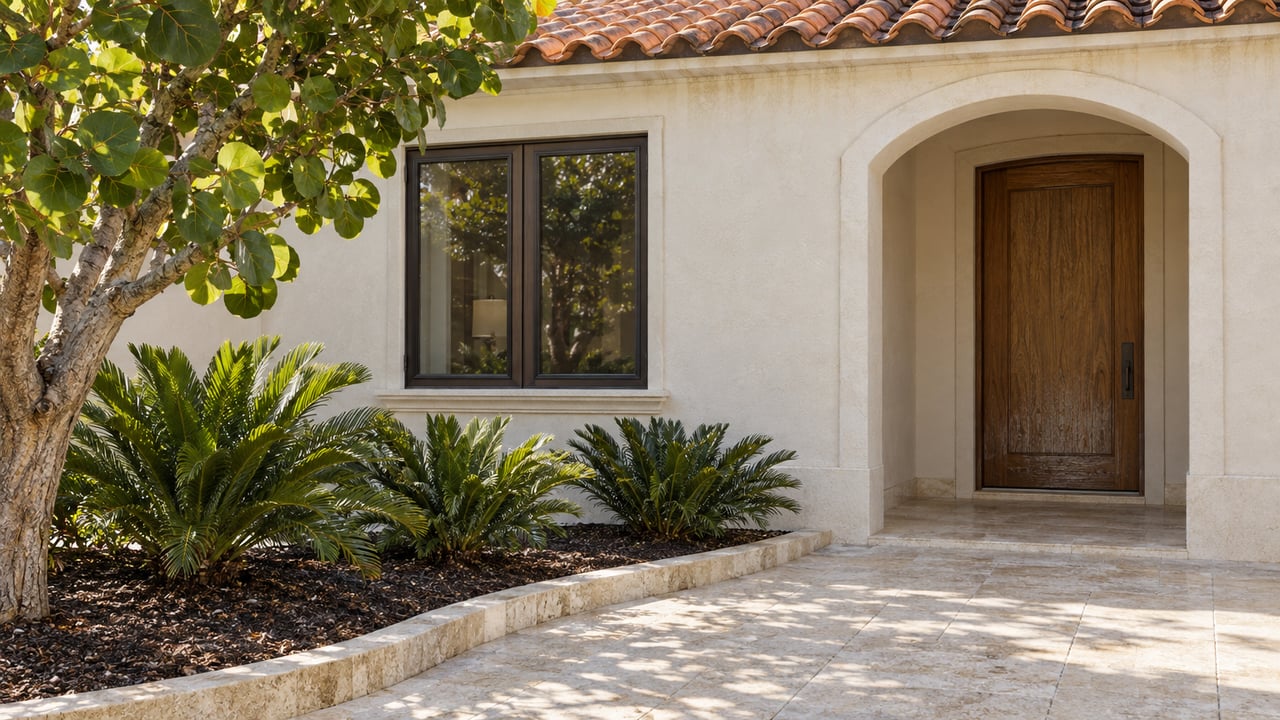 Ivory stucco home with a terracotta roof, recessed arched oak entry, and limestone approach beside a sea grape tree and coontie planting.
