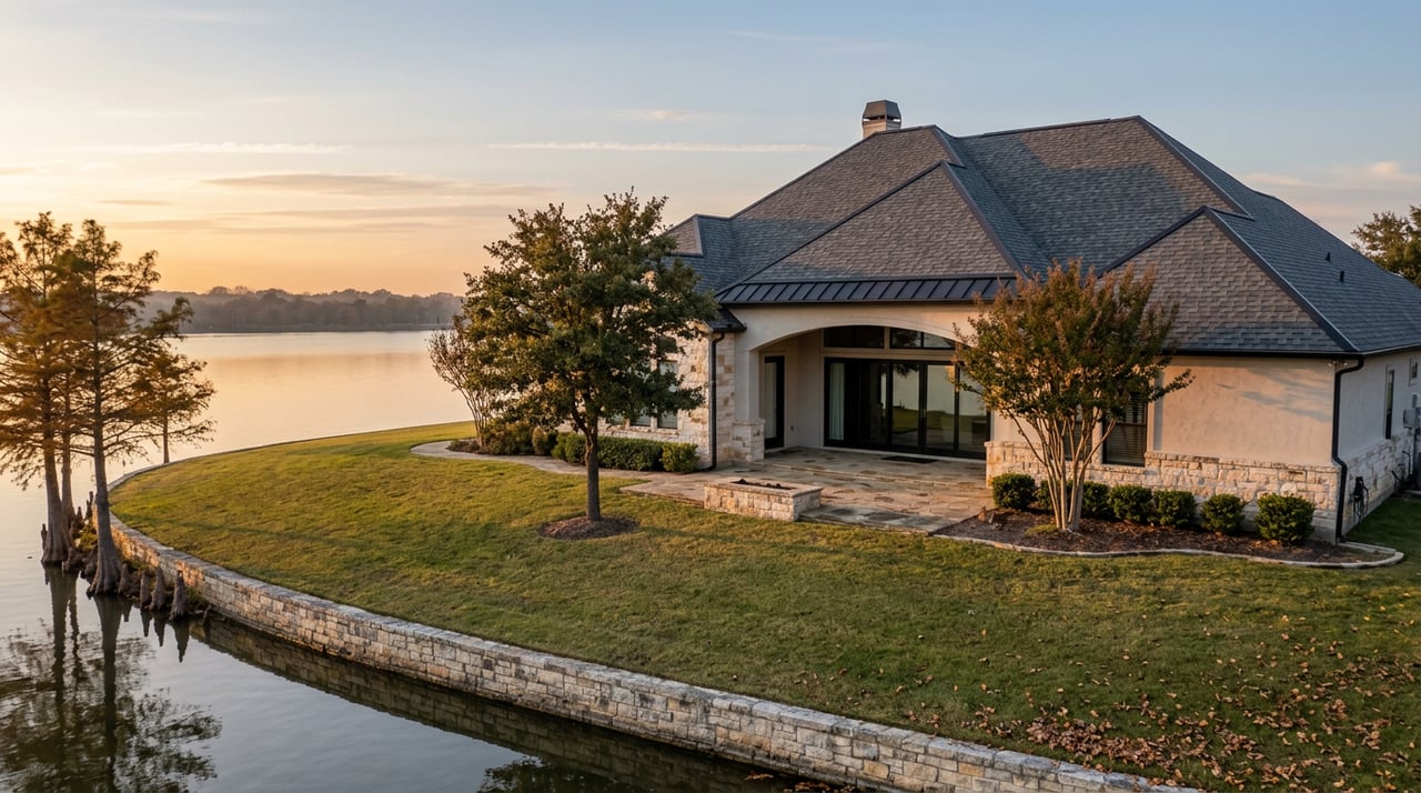 Lakefront home with stone patio, broad lawn, cypress-lined shore, and still water at dusk.