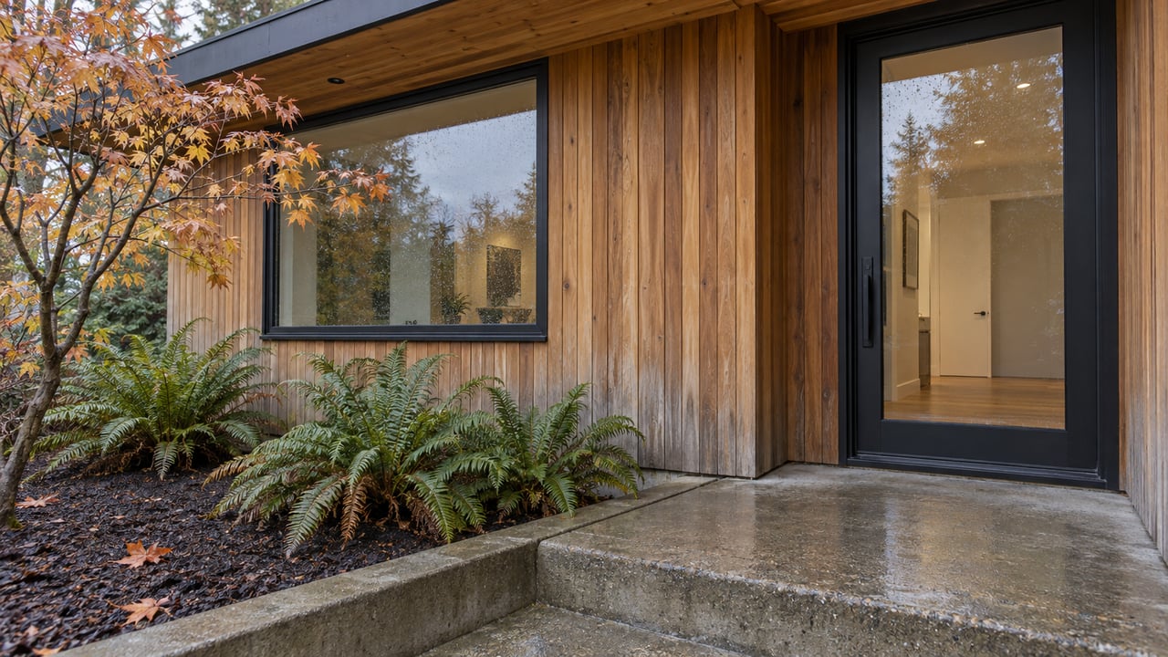 Rain-darkened concrete steps lead to a glazed black-framed front door beneath a cedar soffit, beside autumn vine maple and sword ferns.
