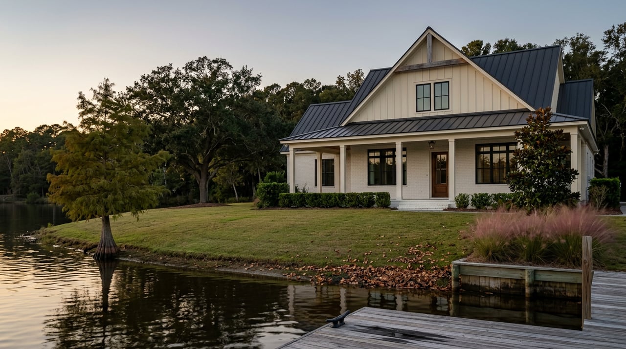 Waterfront farmhouse with a covered porch, white brick facade, dark metal roof, and warm reflections on still water.