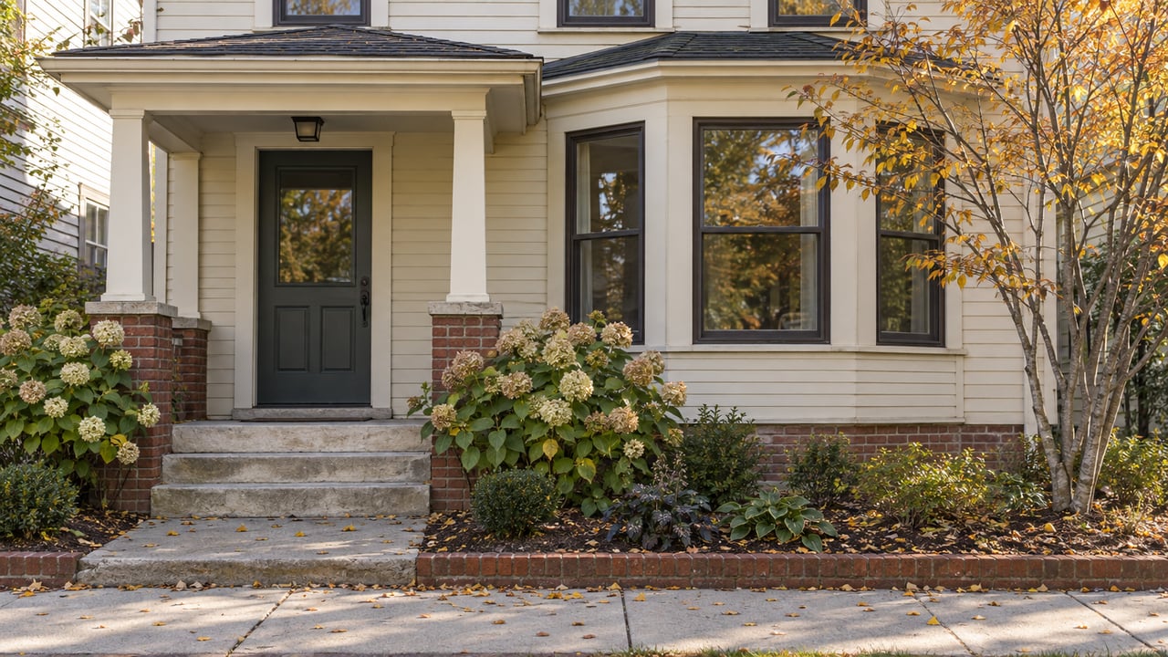 Cream clapboard house with a covered entry, three-window bay, brick porch piers, and autumn garden.