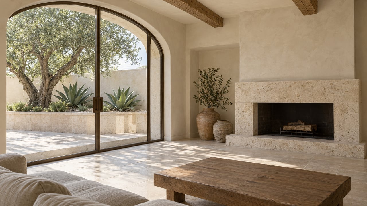 Sunlit living room with limestone floors, oak beams, a pale stone fireplace and arched glass doors overlooking an olive tree terrace.