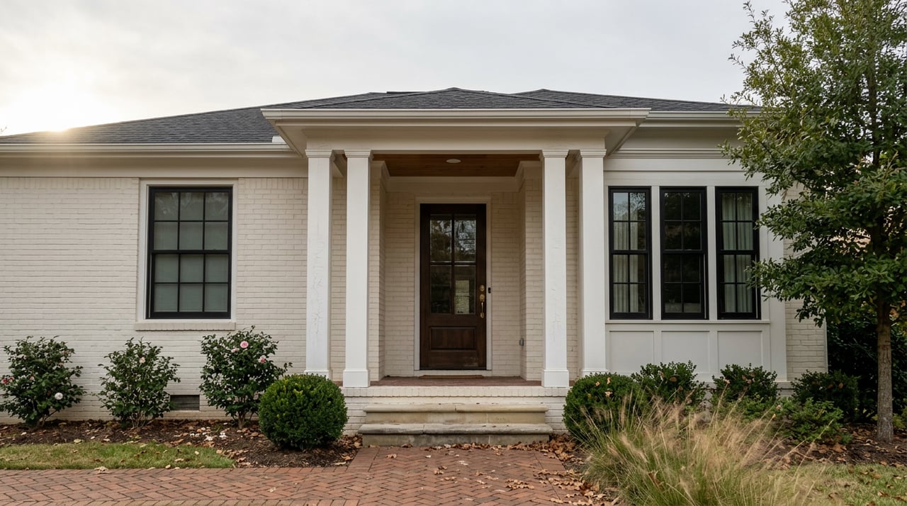 White painted-brick home with a columned porch, dark wood door, brick walk, and willow oak canopy.