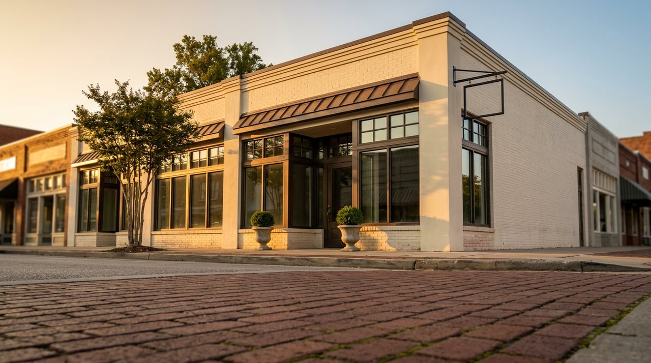 Cream-brick corner storefront with dark windows, recessed entry, two urns, and a street-side tree.