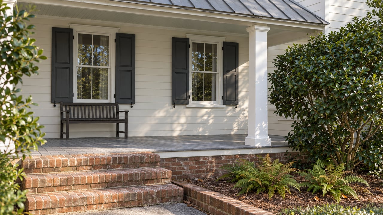 Cream clapboard home with tall shuttered windows, a raised wood porch, worn brick steps, and a camellia beside a fern-filled garden bed.