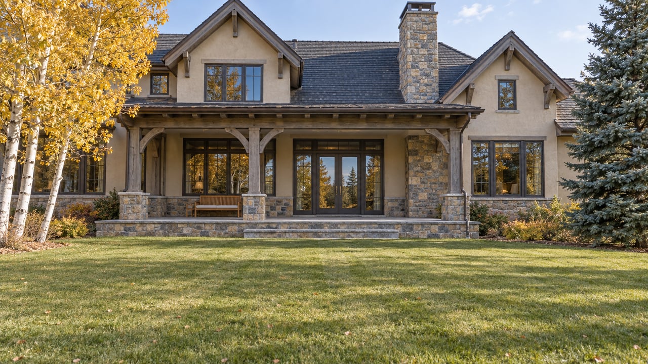 Stone-and-stucco home with a timber porch and raised stone terrace beyond a deep lawn, framed by golden aspen and blue spruce.