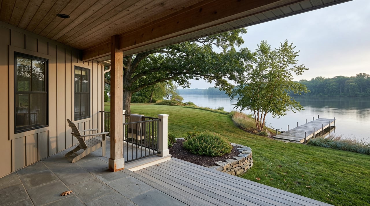 Modern farmhouse porch overlooks a sloped lawn, cedar dock, and calm river beneath mature trees.