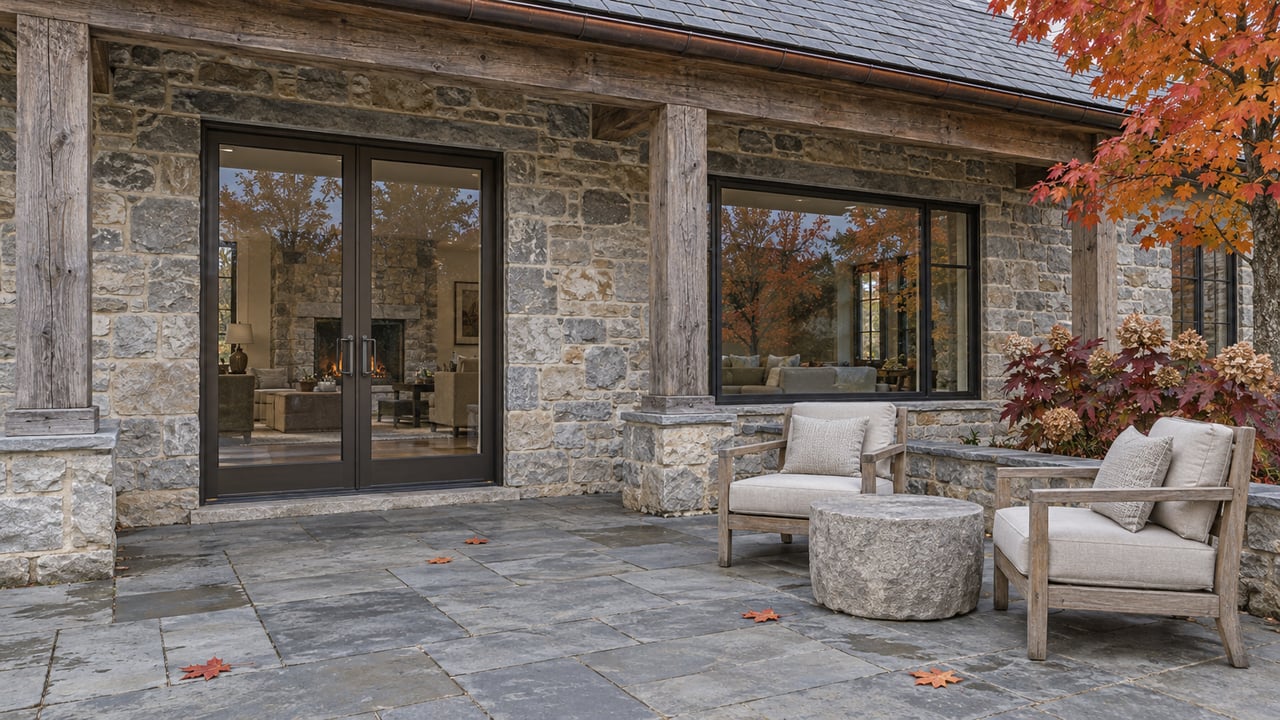 Stone and timber home opening onto a sandstone terrace with teak chairs and autumn maple foliage.