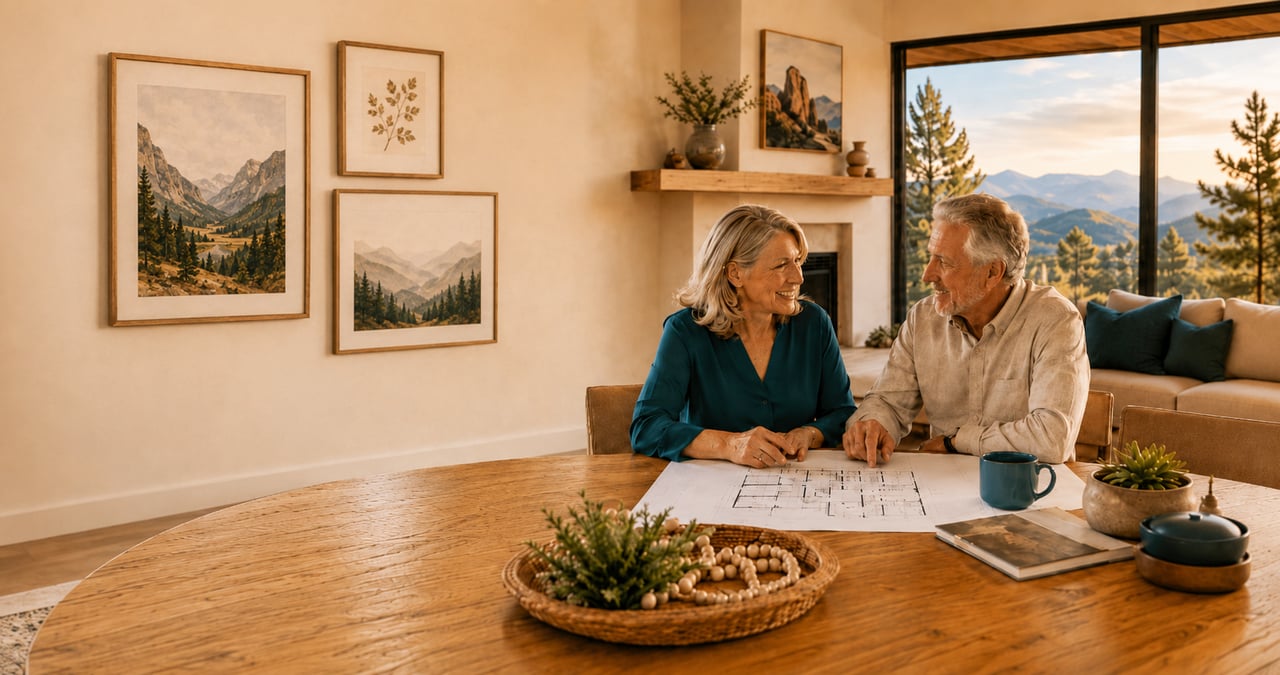 Older couple reviewing home plans in a warm mountain-view living room.
