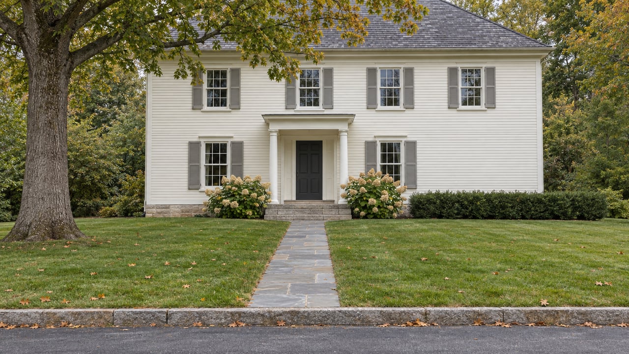 Two-story cream clapboard house with a slate roof, stone approach, broad lawn, and mature oak.