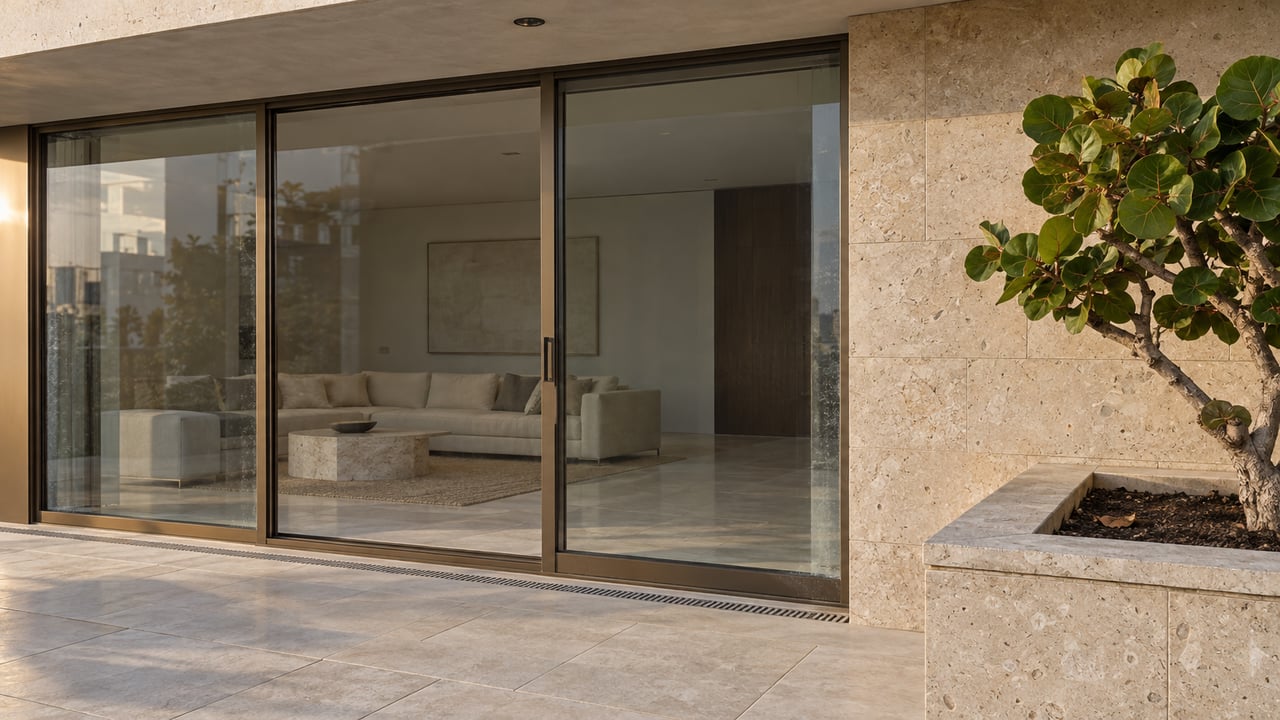 Sunlight grazes a limestone condominium terrace with bronze-framed glass doors and a sculptural sea grape tree in a raised planter.