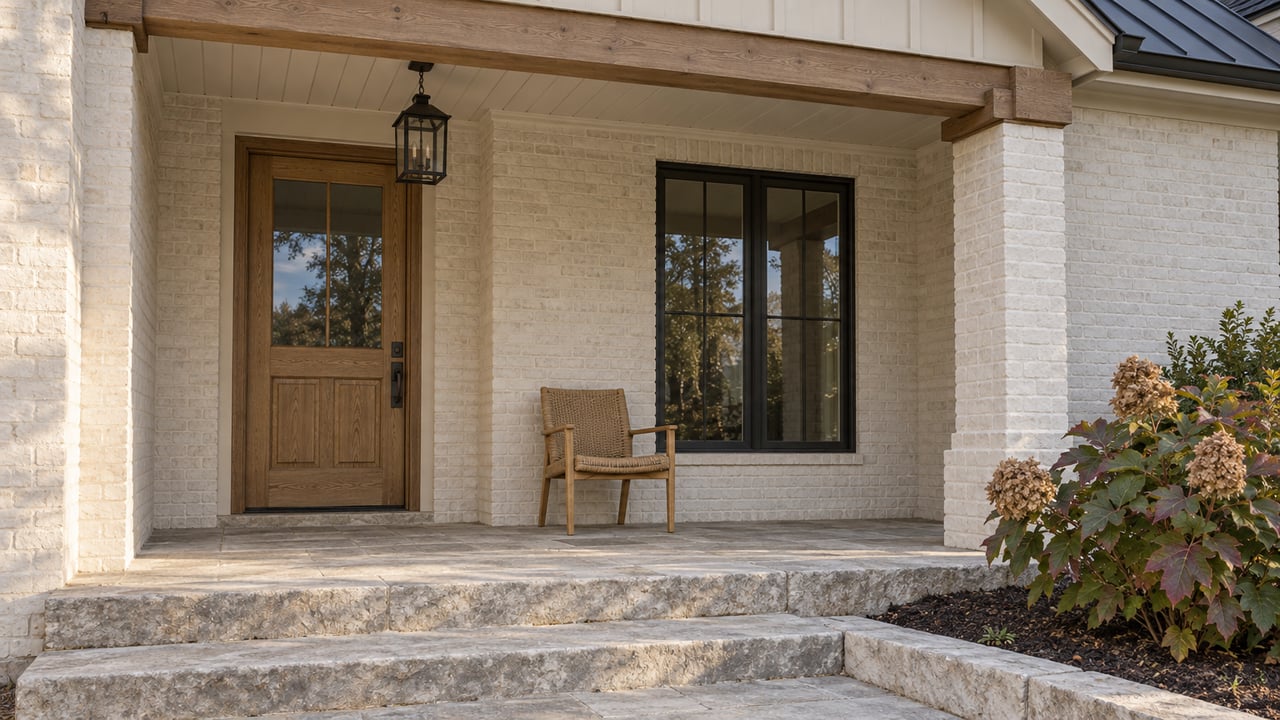 Covered painted-brick entry with an oak door, limestone steps, a woven chair and oakleaf hydrangea.