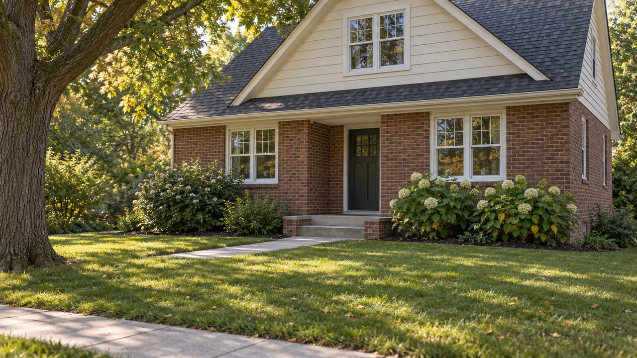 Brick bungalow with cream gable, recessed porch, and deep front lawn beneath an oak canopy.