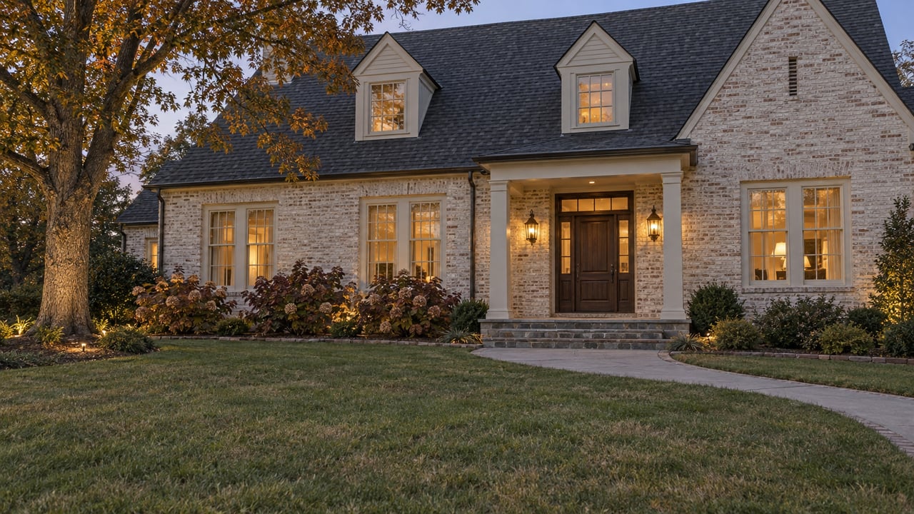 Limewashed brick home with a broad lawn, oak tree, hydrangeas, and a warmly lit covered entry at dusk.