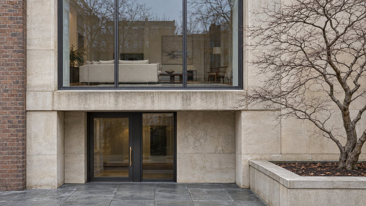 Dark-framed apartment windows above a closed glazed entrance, with pale limestone, aged brick and a bare Japanese maple in a raised stone planter.