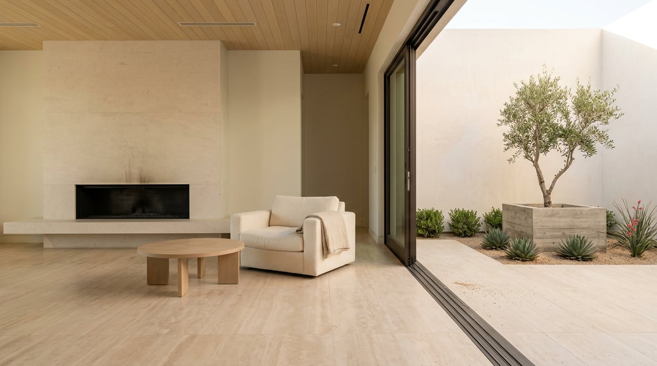 Desert great room with limestone fireplace, ivory lounge chair and courtyard olive tree beyond a bronze-framed slider.