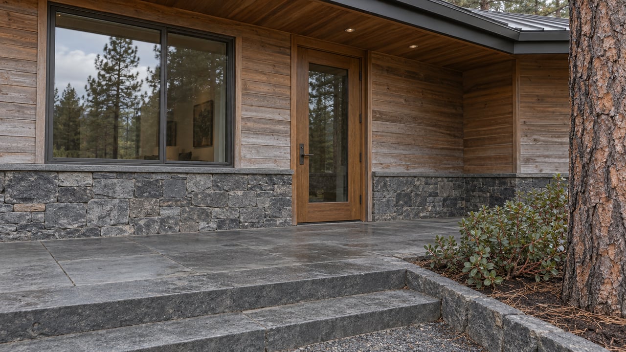 Sheltered cedar entrance with dark-framed glazing, broad basalt steps and a greenleaf manzanita beside a mature ponderosa pine.