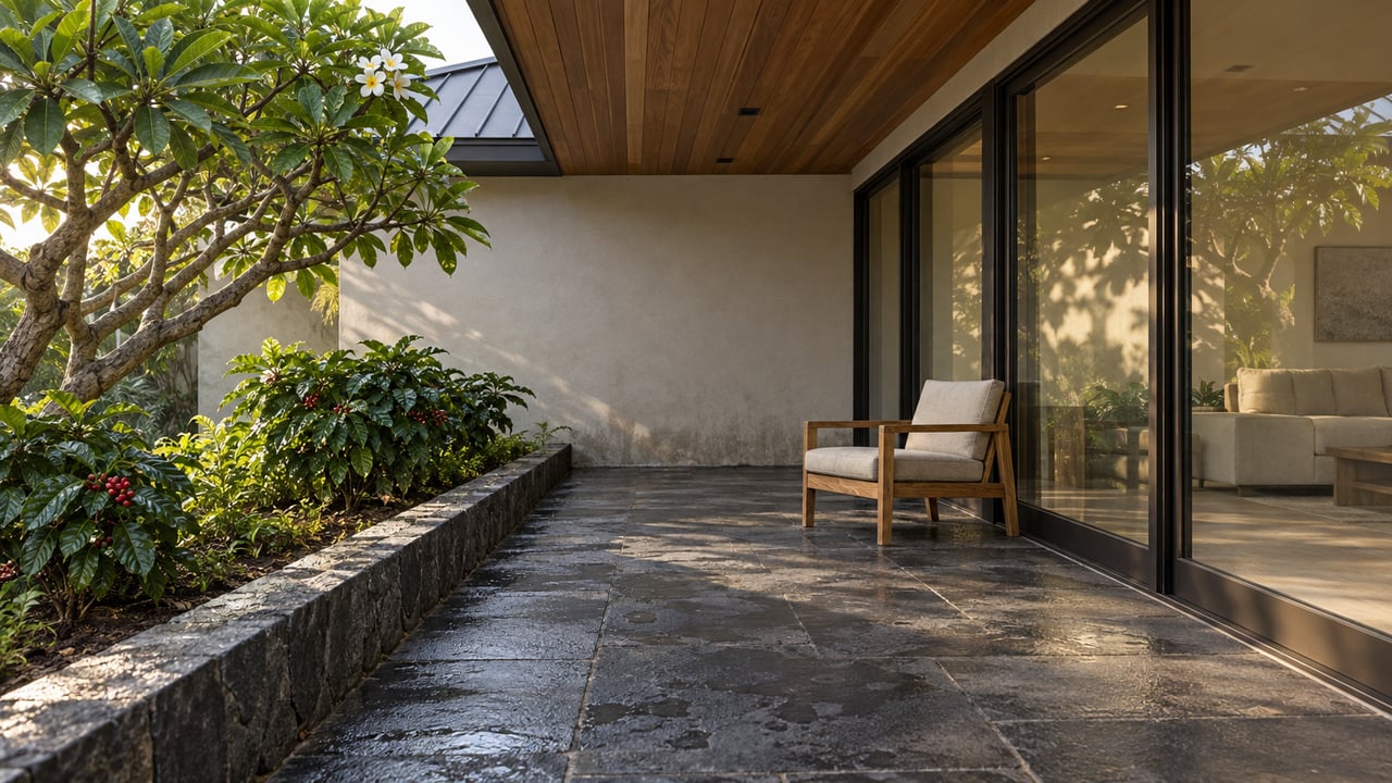 Covered lanai with basalt paving, warm wood soffit and bronze-framed glass doors beside a flowering tree and coffee shrubs.