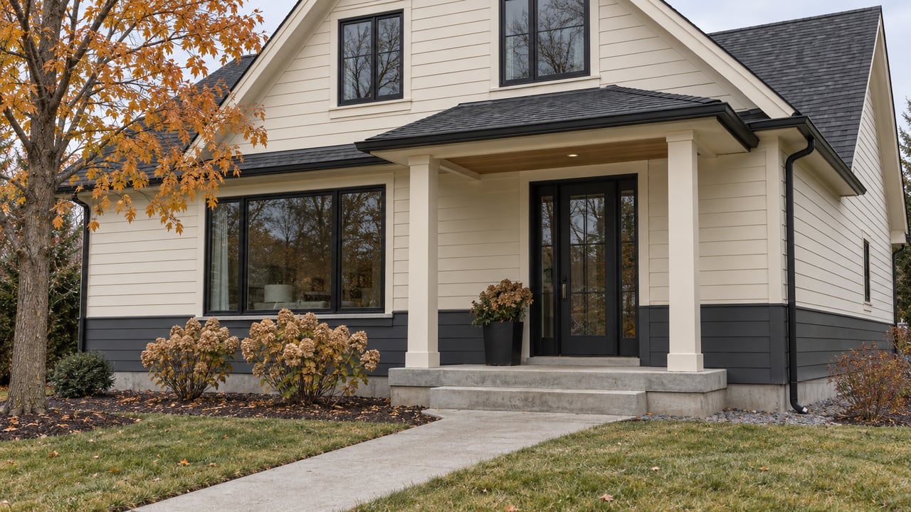 Cream-sided gabled home with black-framed windows, a sheltered glass-paneled entry, autumn maple and dormant hydrangeas beside a concrete walk.