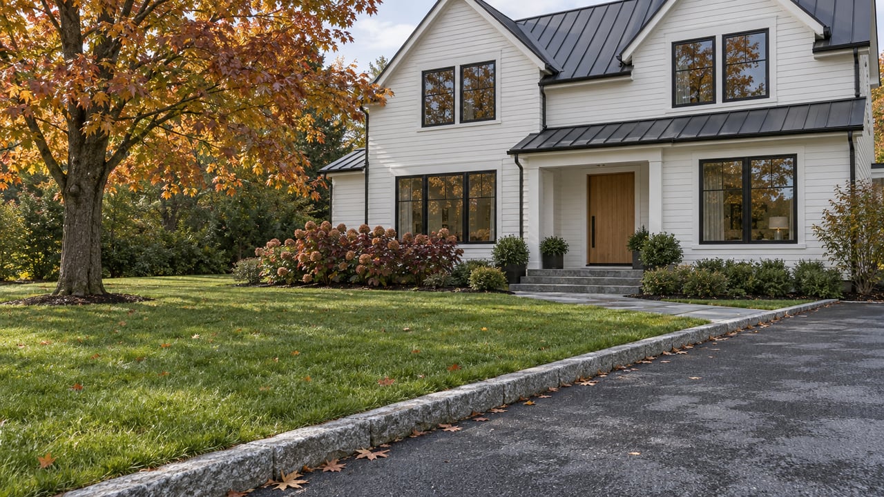 Light clapboard home with black-framed windows, a deep autumn lawn and a broad driveway edged in granite after rain.