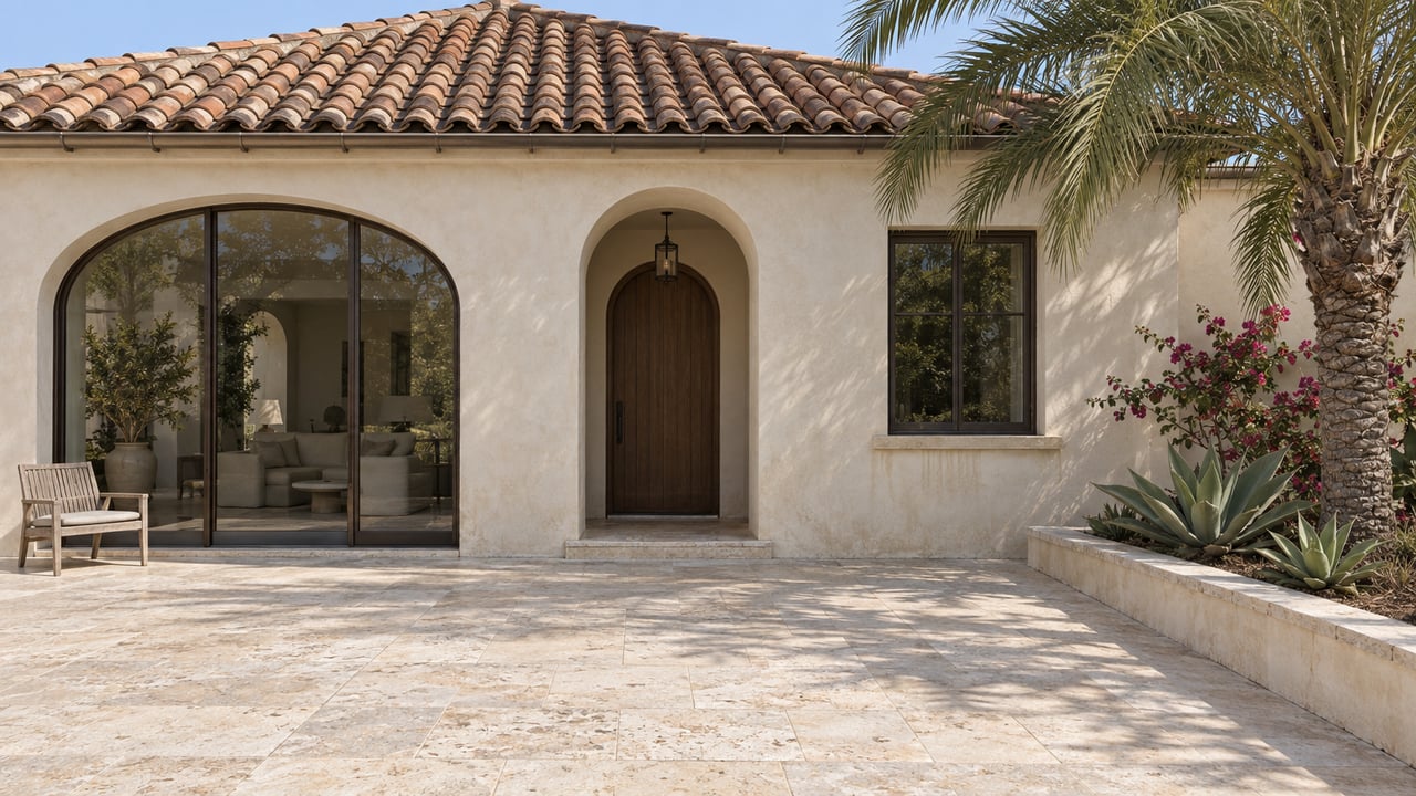 Cream stucco residence with terracotta roof, arched glass doors, limestone terrace, and a palm beside the planting bed.