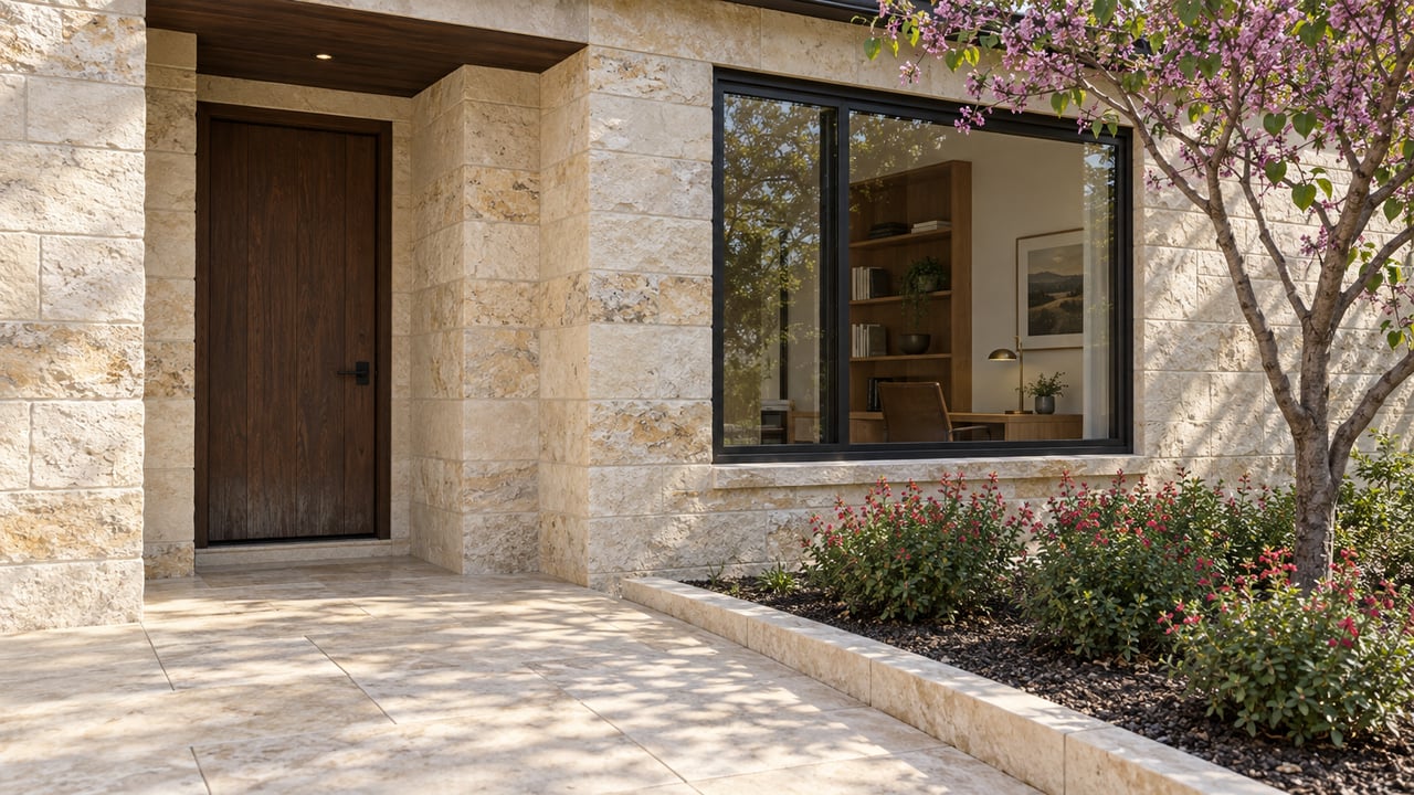 Warm limestone entry with a dark oak door, black-framed study window and a curbed planting bed beside the stone approach.