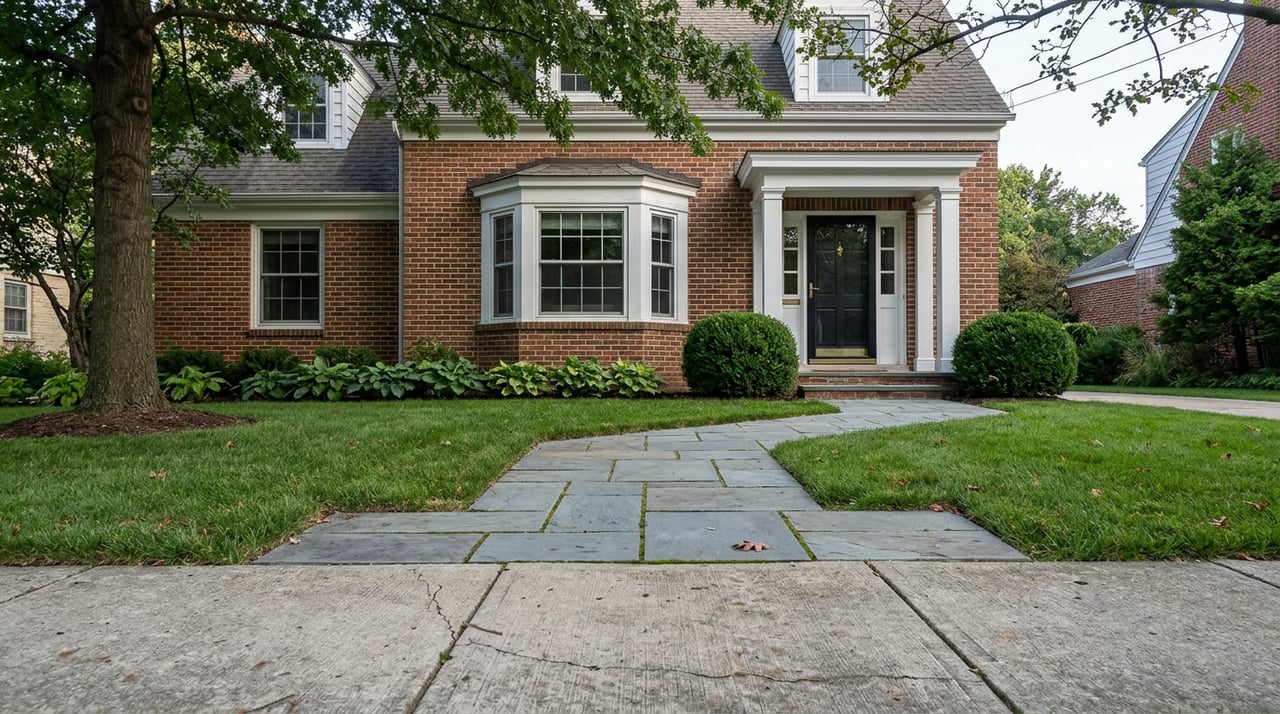 Bluestone walkway leads from a concrete sidewalk to a brick home with a bay window and columned entrance.