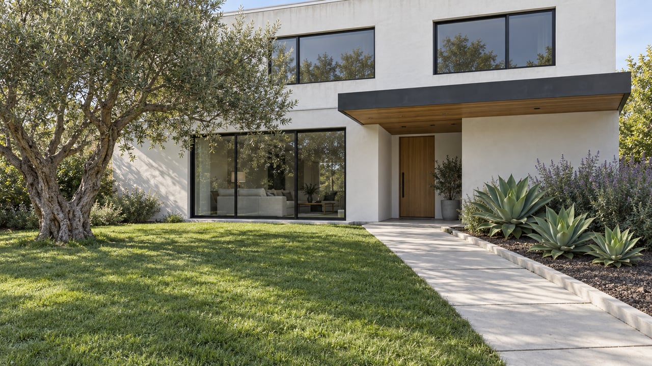 Contemporary white-plaster home with dark window frames, timber entry, olive tree and a deep front lawn in soft morning sunlight.