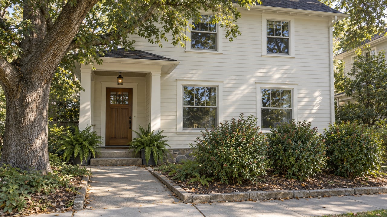 Two-story off-white clapboard house with a recessed timber entry, stone steps, and oak branches overhead.