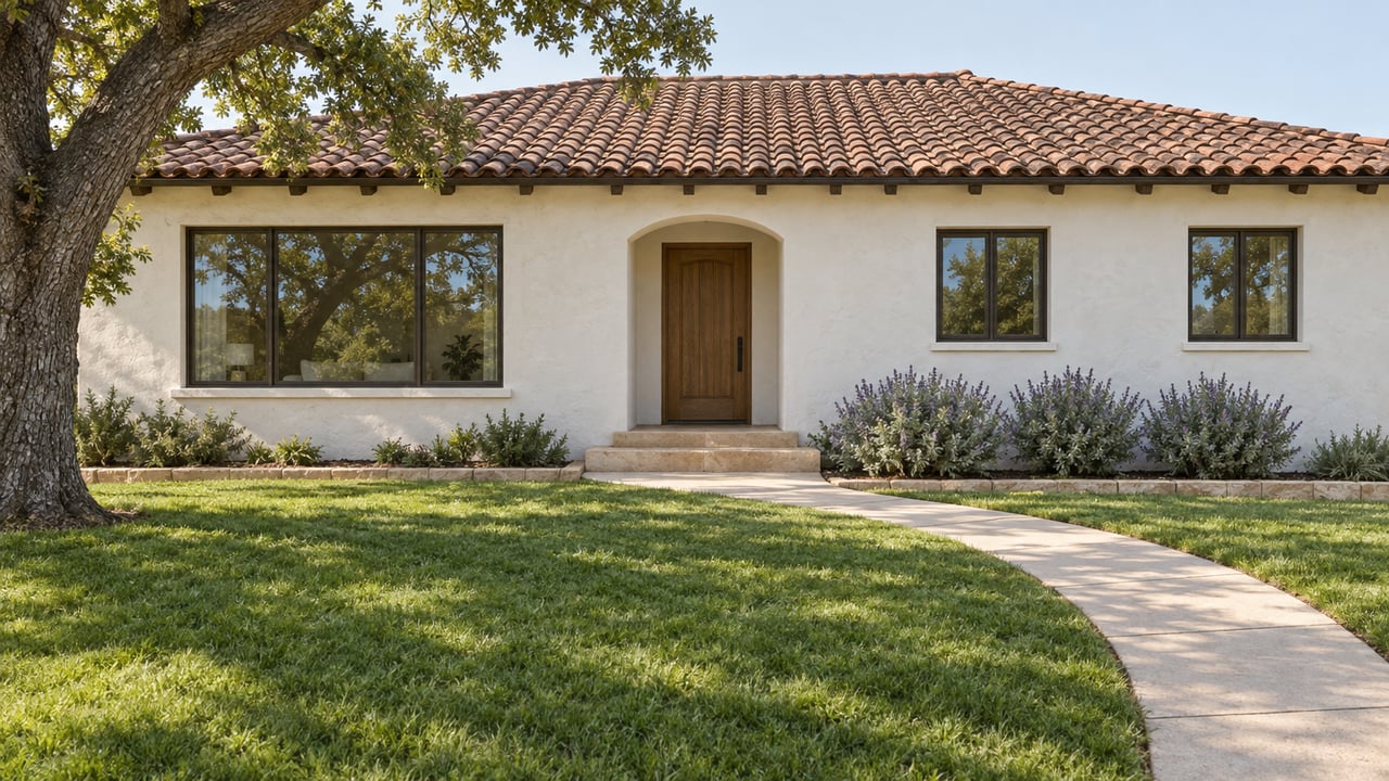 White stucco home with a weathered terracotta roof, a deep green front lawn, a curved concrete walk and a mature oak.