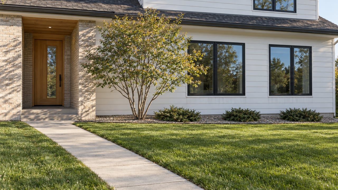 Detached white-sided home with a timber entry, black-framed windows, and a lawn crossed by a concrete walk.