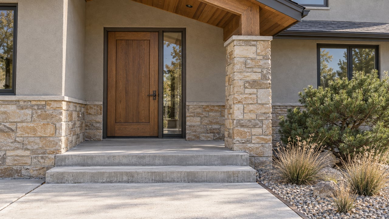 Sunlit stone and stucco home entry with an oak door, timber porch ceiling, concrete steps and sculptural drought-adapted planting.