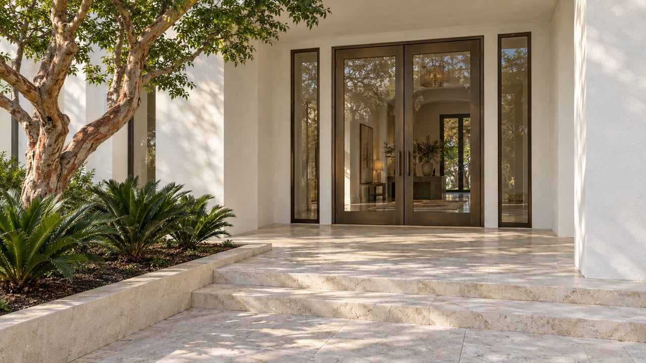 Recessed paired bronze-framed glass doors beneath a stucco portico, with limestone steps and a tree beside the entry.
