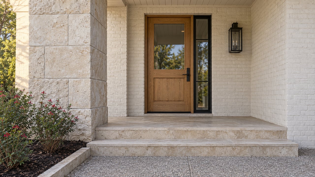 Covered entry with an oak and glass door, black-framed sidelight, painted brick, buff limestone steps, and red-flowering autumn sage.