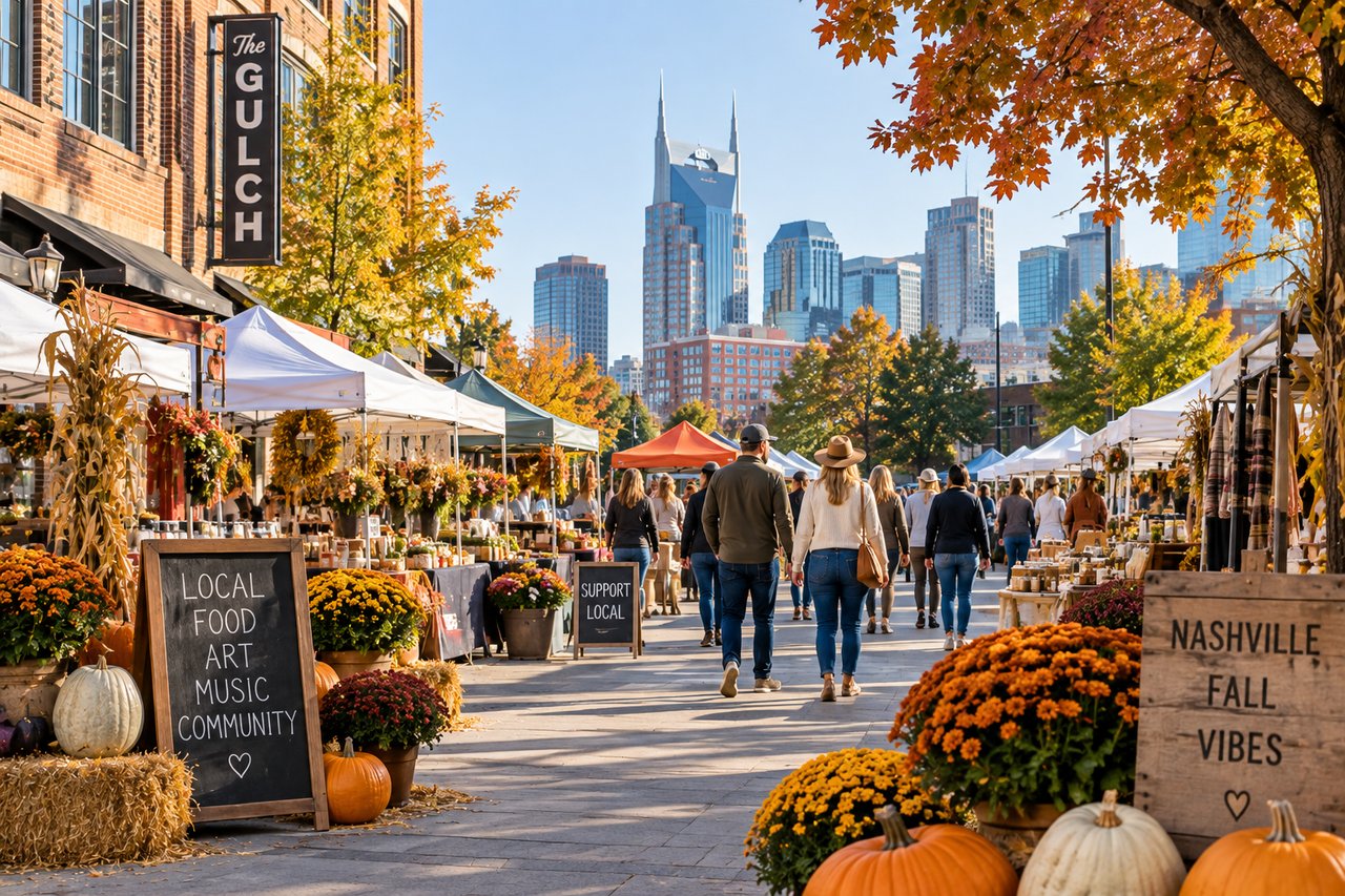 Fall festival and local market in Nashville featuring pumpkins, seasonal flowers, vendor booths, local shopping, autumn foliage, and the Nashville skyline.
