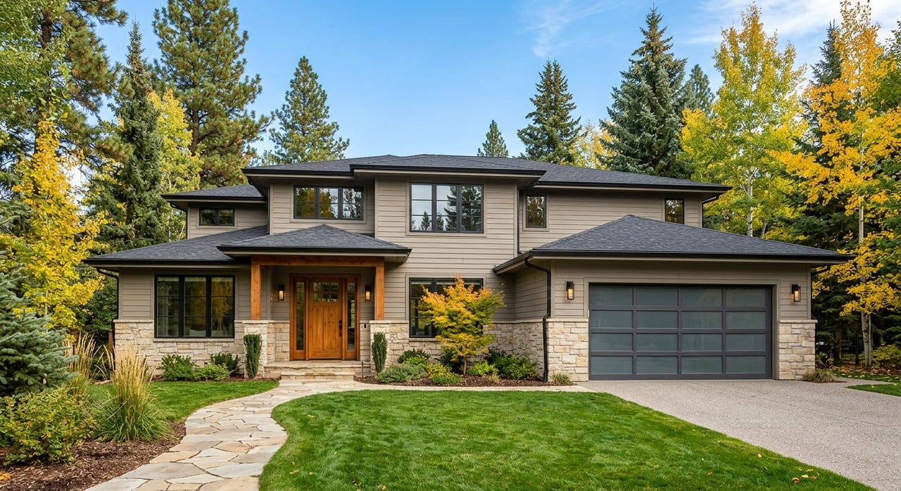 Suburban home with stone-and-siding facade, paver walkway, broad lawn, and mature trees.