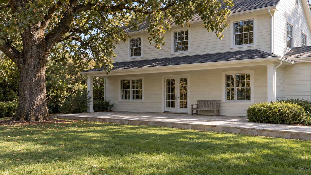 Ivory-sided two-story house behind a broad lawn, with a pale limestone terrace and spreading oak canopy.