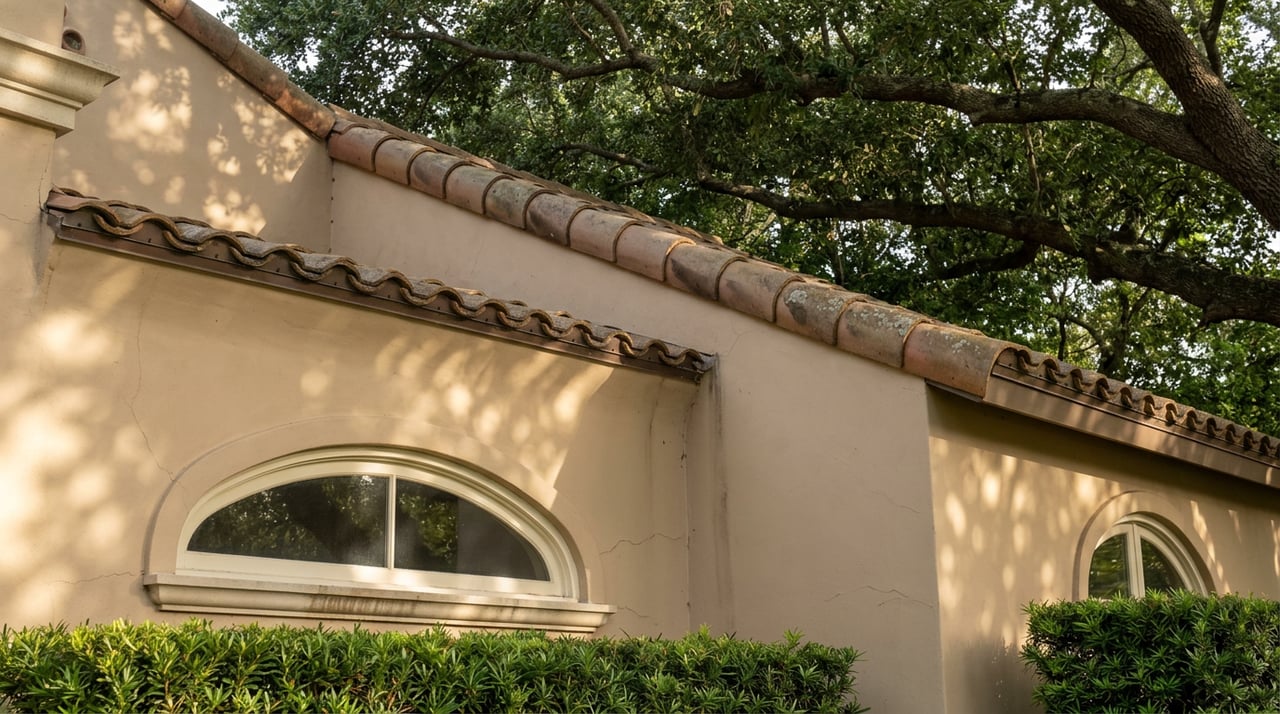 Sand-colored stucco wall, arched window, and terracotta tile eave beneath a dense oak canopy.