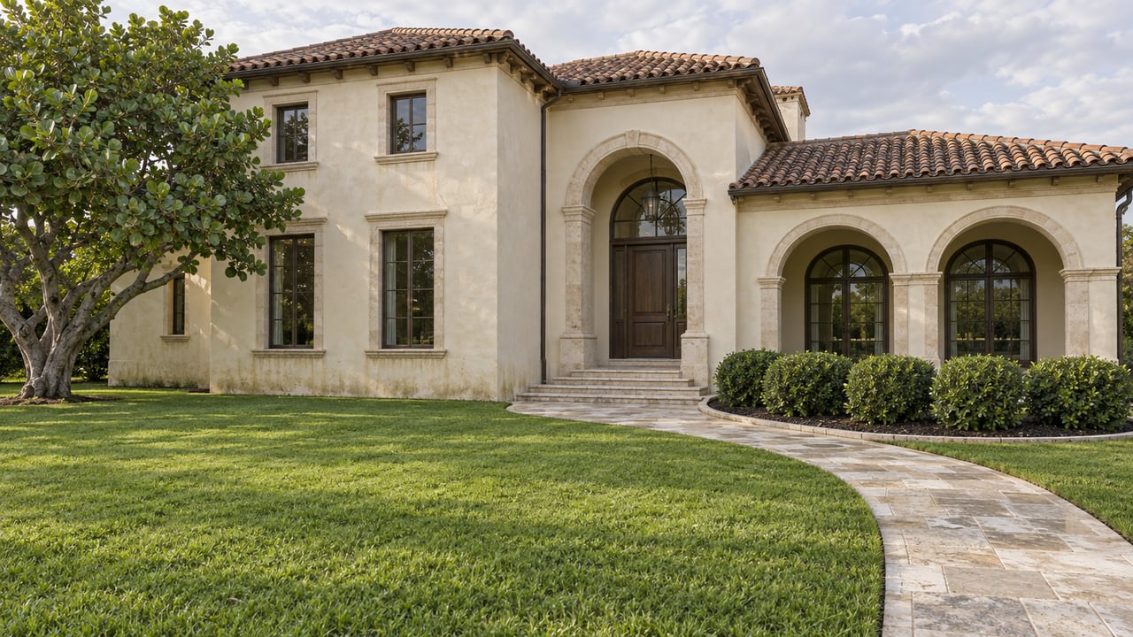 Pale stucco estate with terracotta roof, enclosed arched loggia, limestone approach and broad lawn beneath soft morning light.