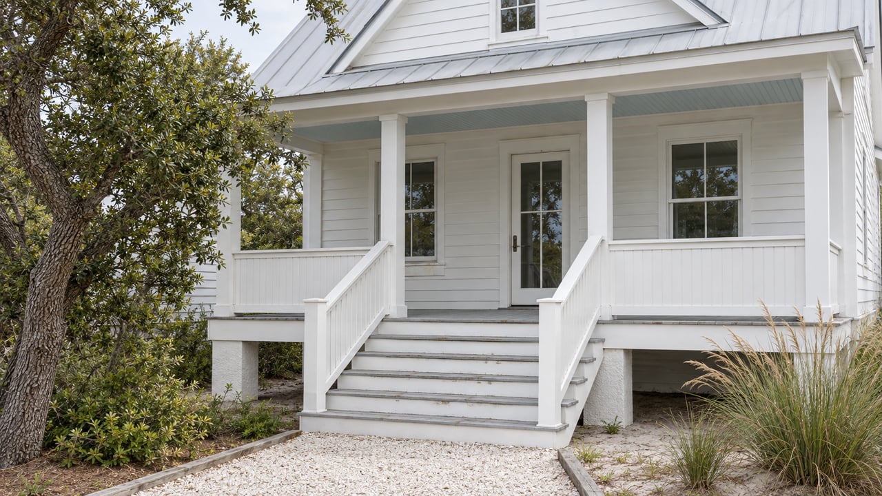 Raised white cottage with a pale metal roof, covered porch and worn timber steps reached by a crushed-shell approach.