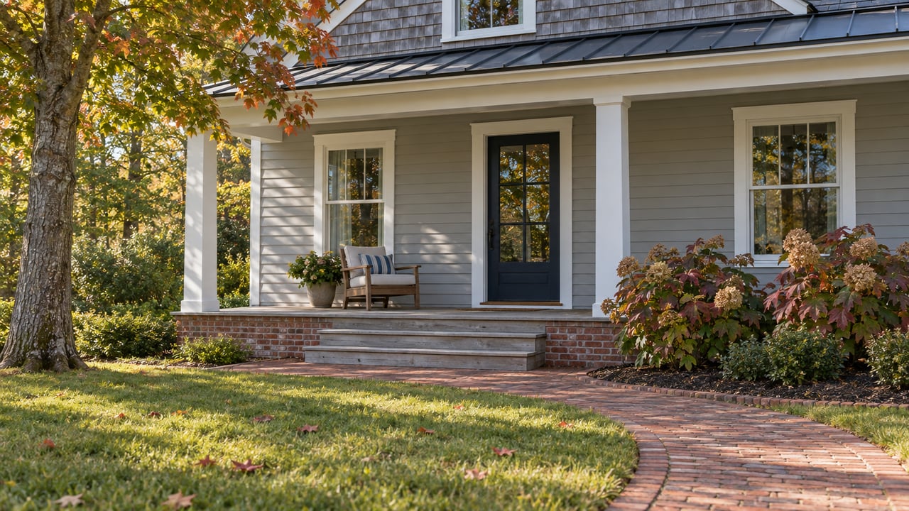 Autumn afternoon light on a gray clapboard home's white-trimmed porch, brick walk, and broad lawn with maple leaves.
