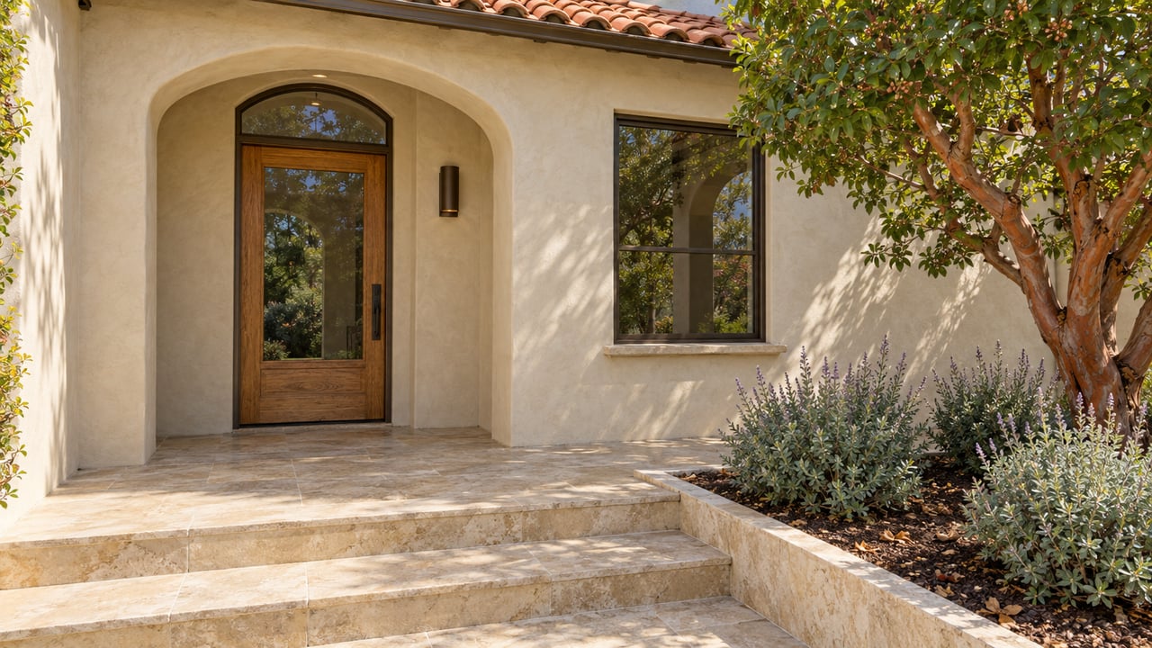 Sunlit cream stucco entry with a glazed oak door, clay tile eave, limestone steps, and sculptural strawberry tree.