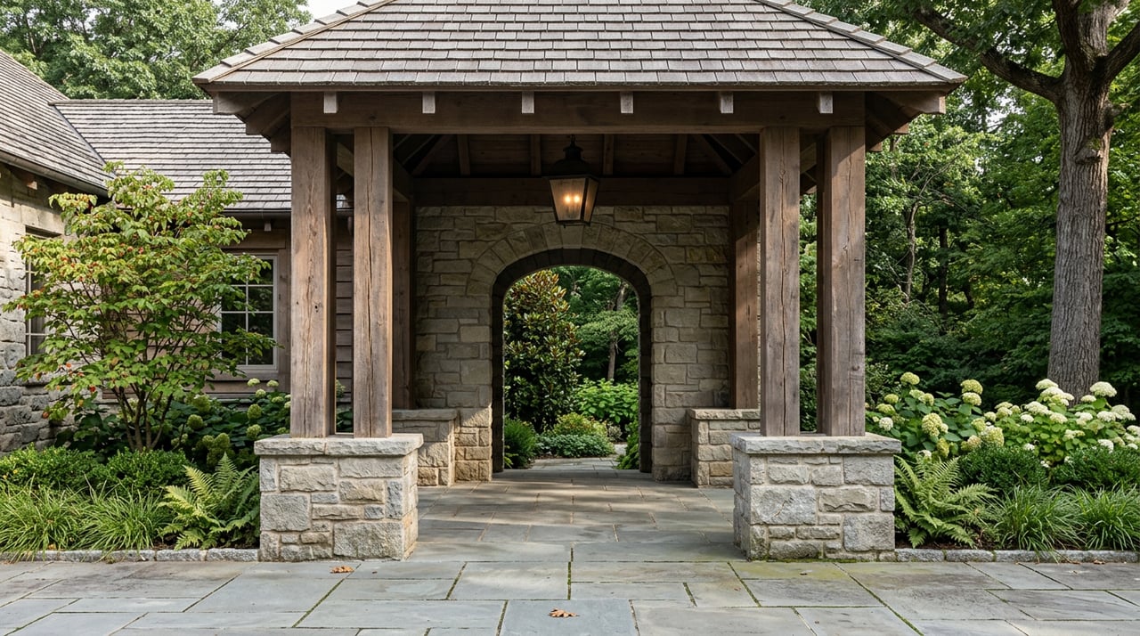 Timber posts on stone plinths frame a bluestone court and stone archway surrounded by lush foliage.