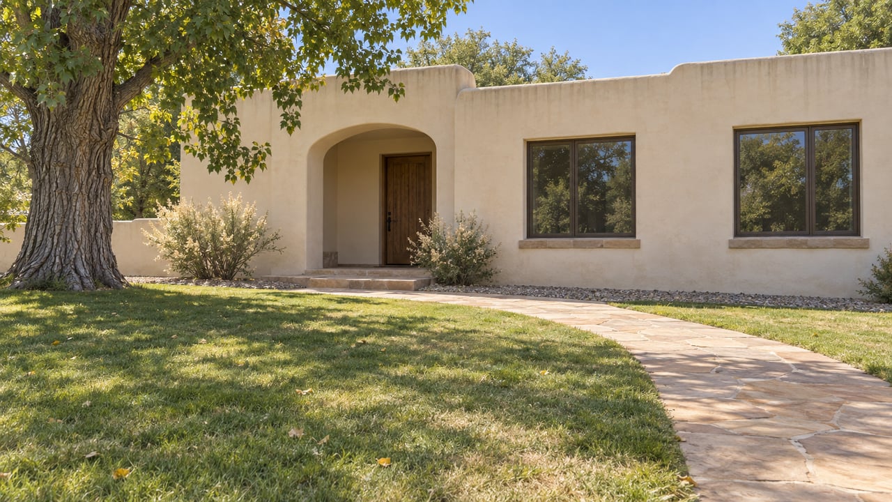 Cream stucco home beyond a deep green lawn, with a mature cottonwood, sandstone approach and shaded timber entry.