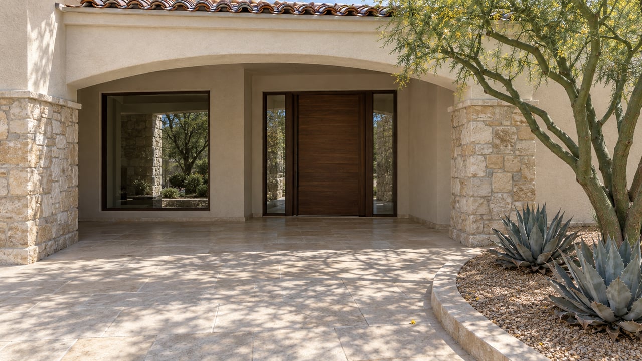 Cream stucco home entrance with a limestone arch, walnut door, pale stone terrace and sculptural blue agaves beneath a green-trunked tree.