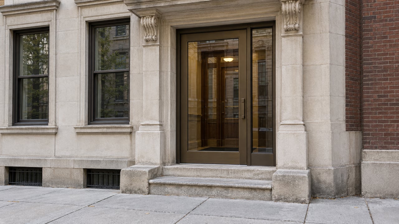 Bronze-framed glazed residential door beside a tall sidelight, set in limestone above worn entry steps.